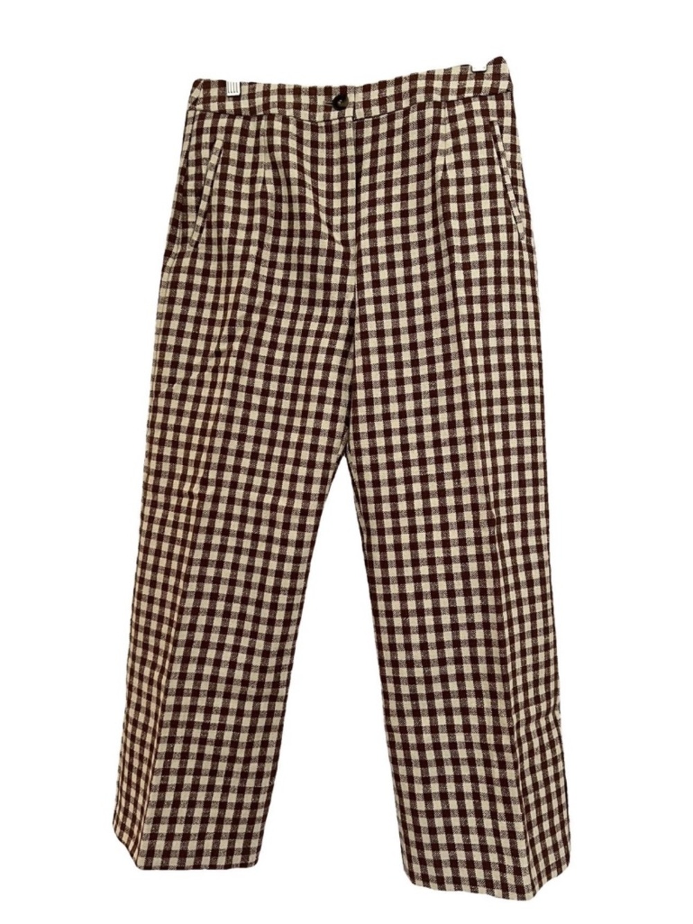 Sezane Martin Ecru and Brown Checked Cropped Trousers